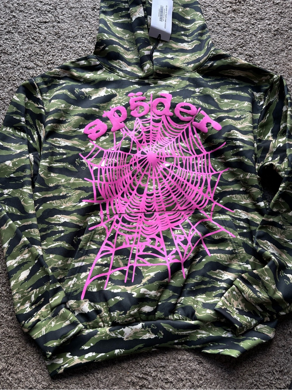 Green Camo Hoodie with Pink Spiderweb Graphic